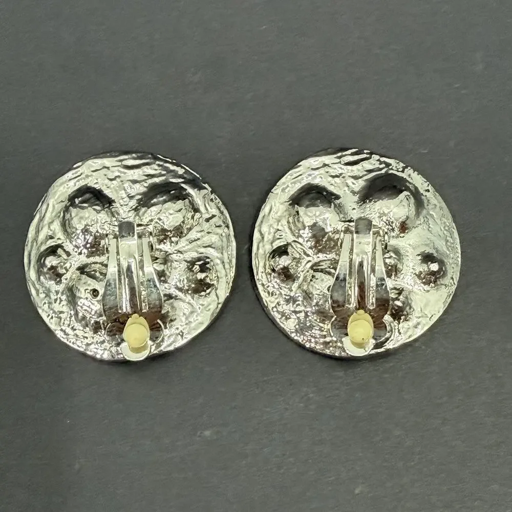 Vintage Round Crystal Gem Silver Tone Clip On Earrings 1.25